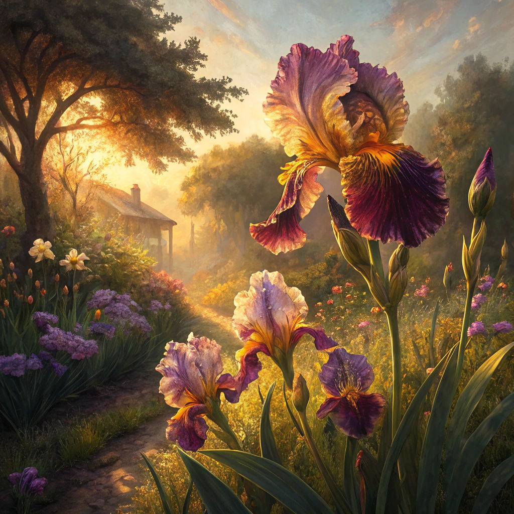 Bearded Iris in Mystical Garden: Rembrandt-Style Oil Paintin...