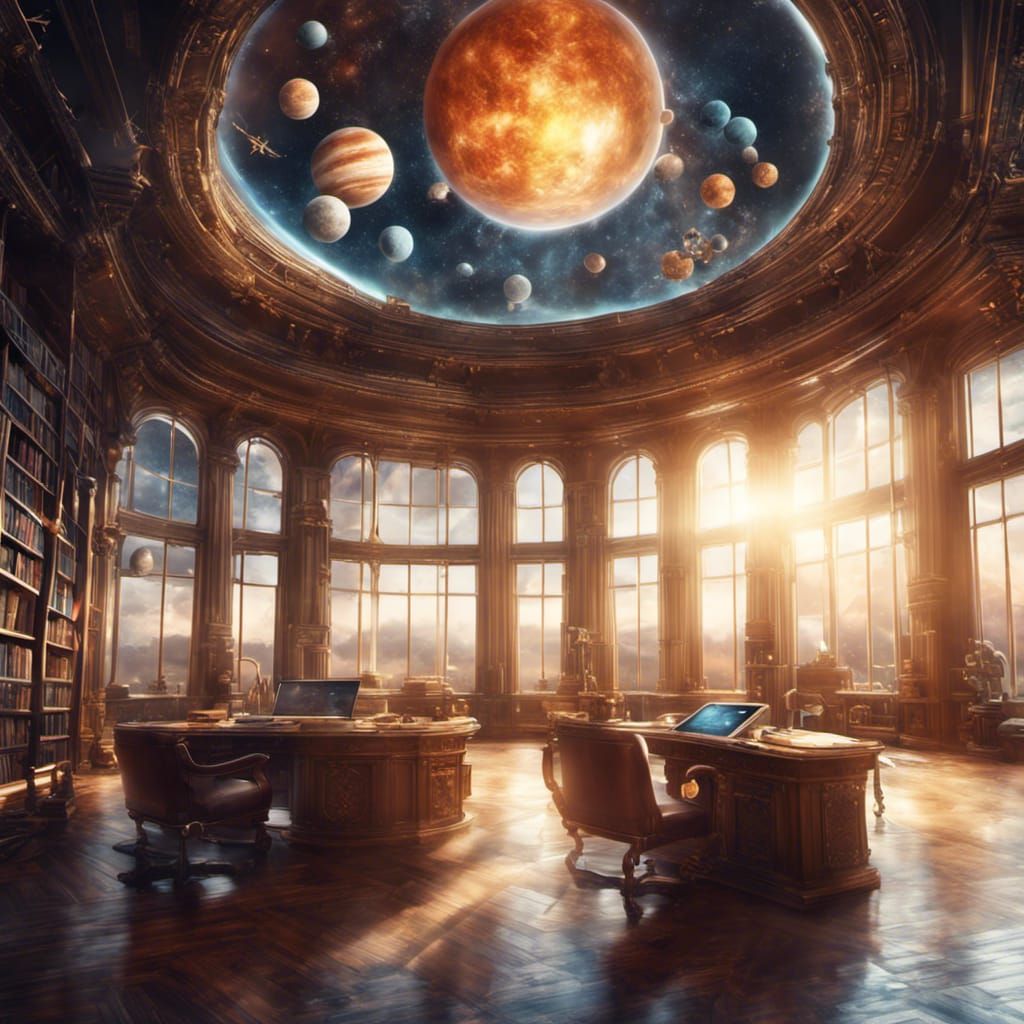 Epic Astronomy Library with Floating Solar System