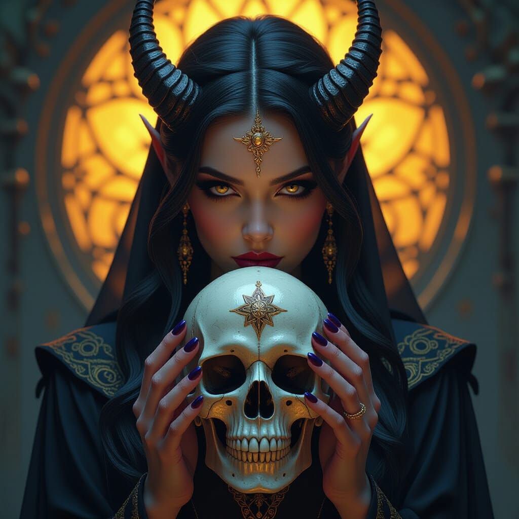 Demoness Gazing into Skull with Occult Sigils