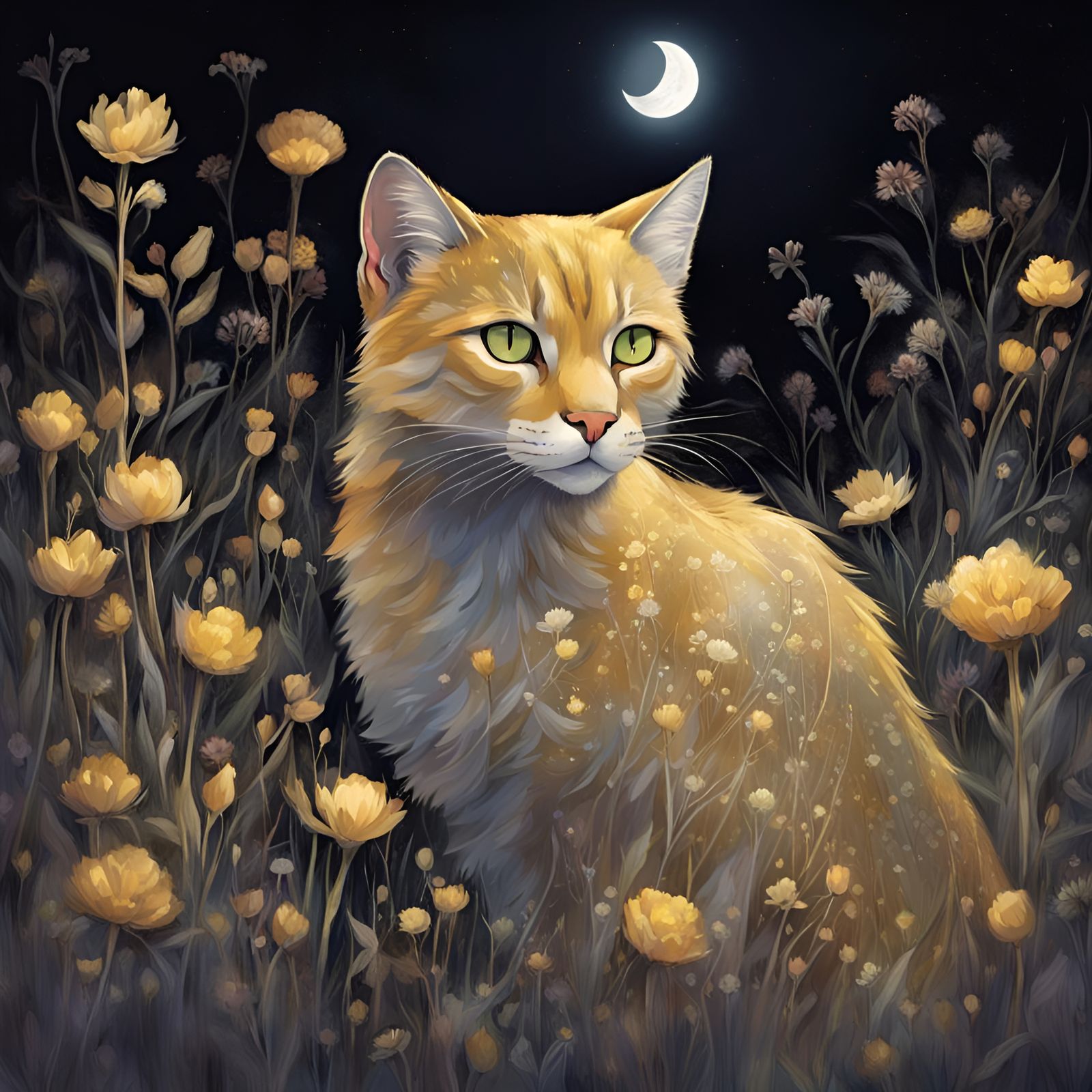 Golden Cat Prowls in Silver Meadow Dreamscape