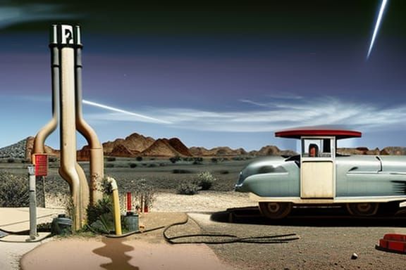 White Cat at Post-Apocalyptic Desert Gas Station