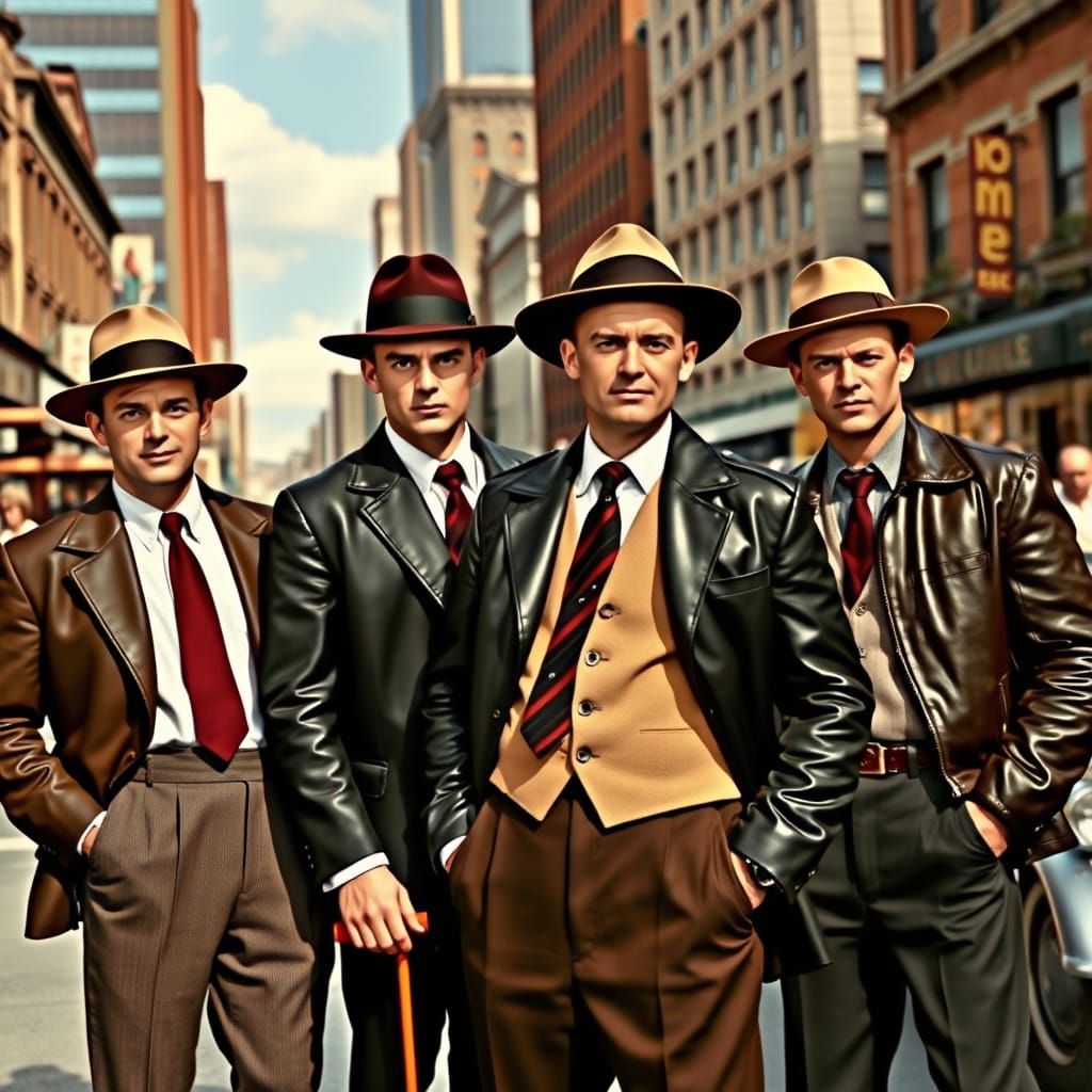 Men in 1950s Fashion Posing in Vintage Cityscape