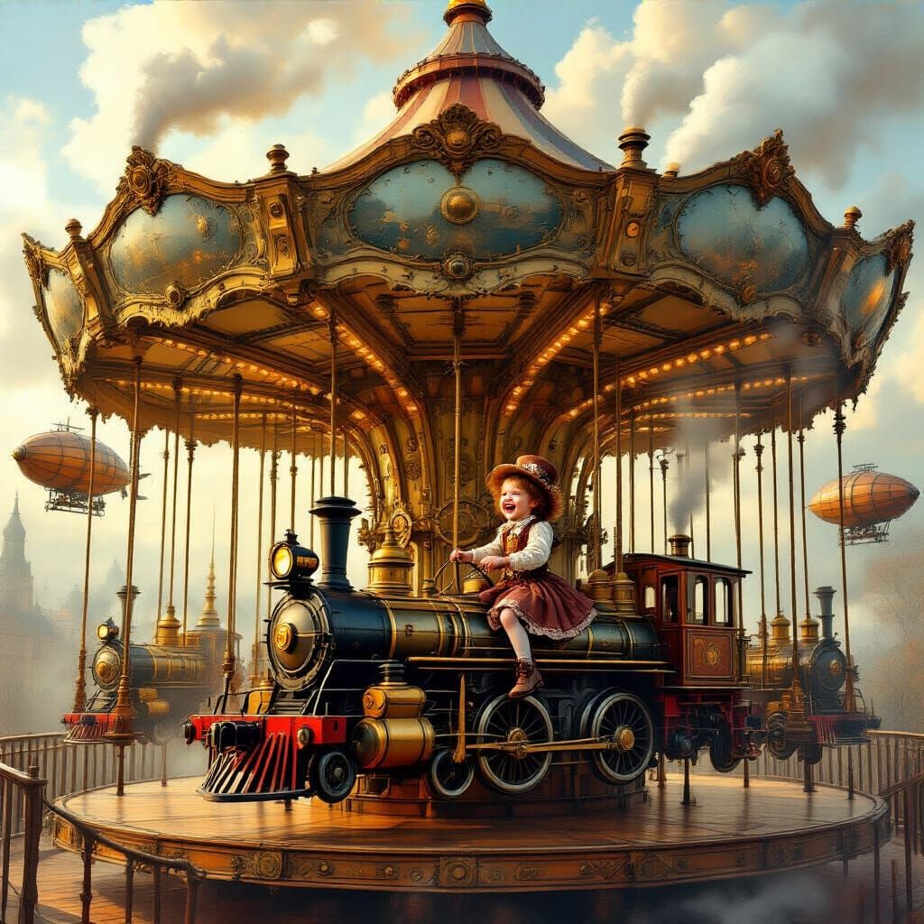 Steampunk Carousel With Joyful Child in Digital Painting Sty...