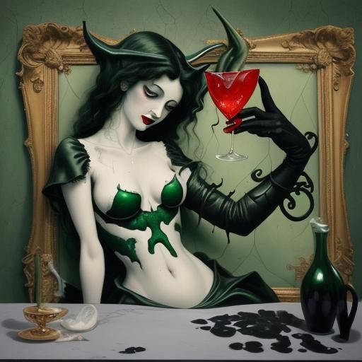 Devil Serves Absinthe to Vampire, Surreal Dali Style