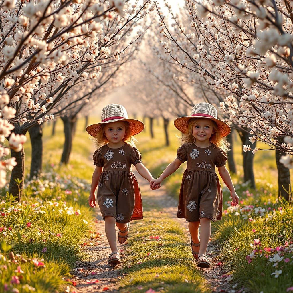 Blonde Twin Girls in Almond Orchard, Fantasy Art