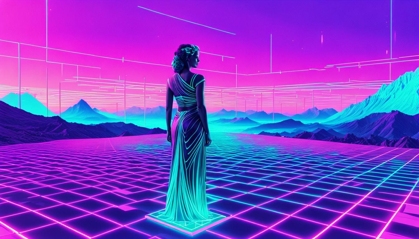 Vaporwave Greek Goddess in Neon Grid Landscape