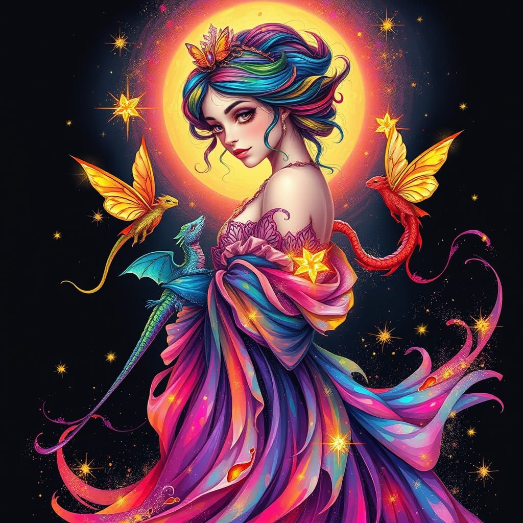 Vibrant Princess with Dragons and Fairies in Whimsical Art