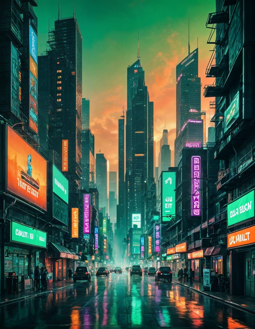 Futuristic Cityscape with Neon Green Glow