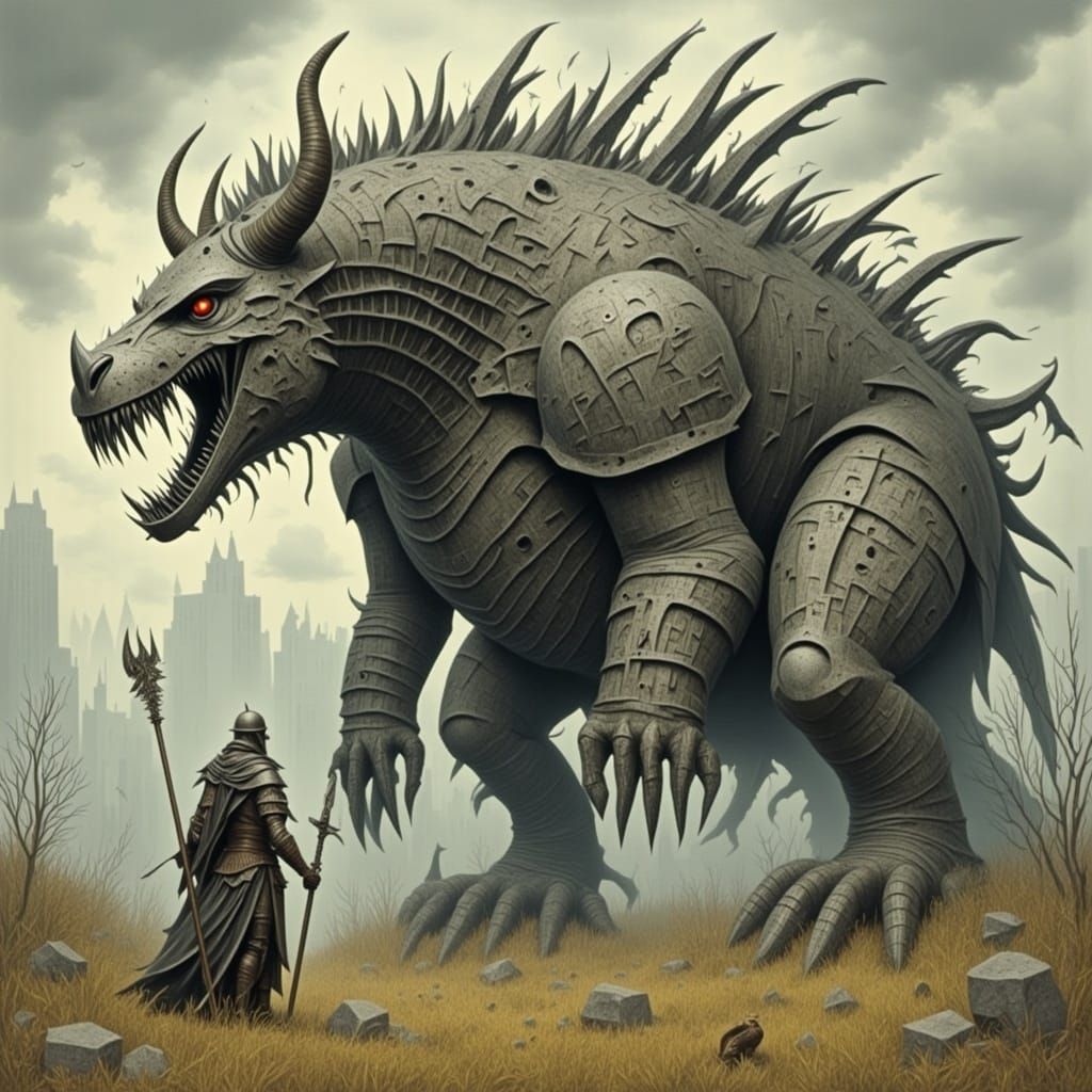 Colossal Beast Towers Over Man in Grassy Field