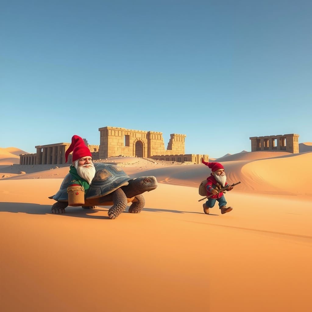 Gnome and Turtle Explore Desert Ruins