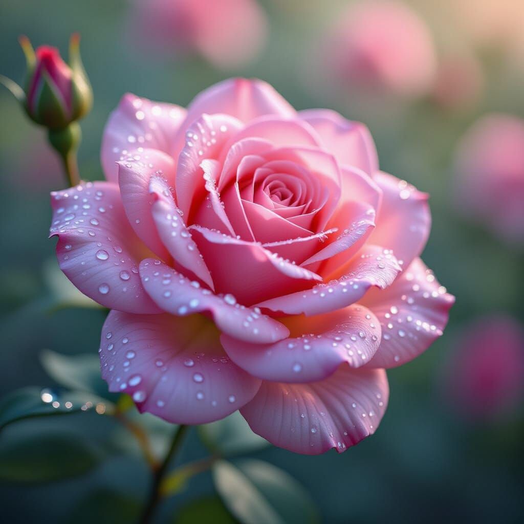 Hyperrealistic Pink Rose with Water Droplets and Silk Ribbon...