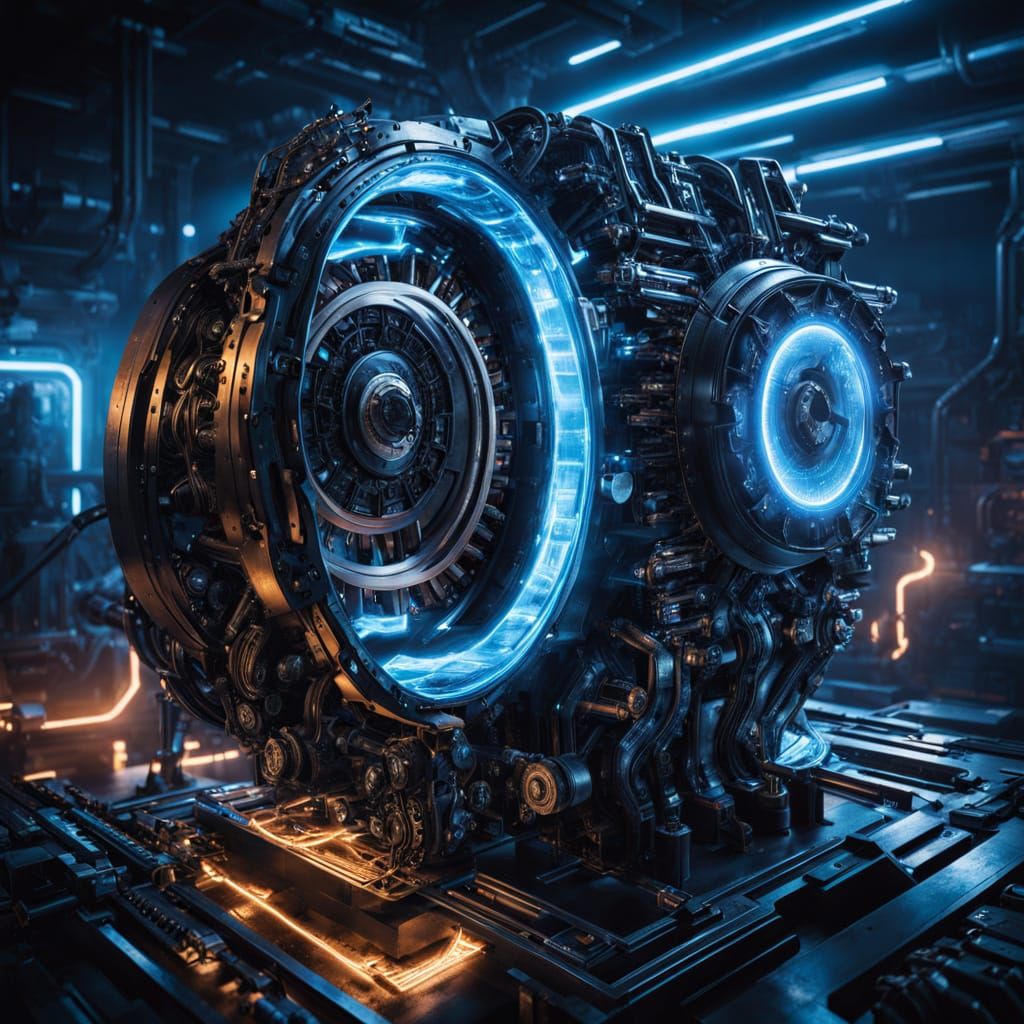 Glowing Blue Flux Engine in a Dark Metallic Room