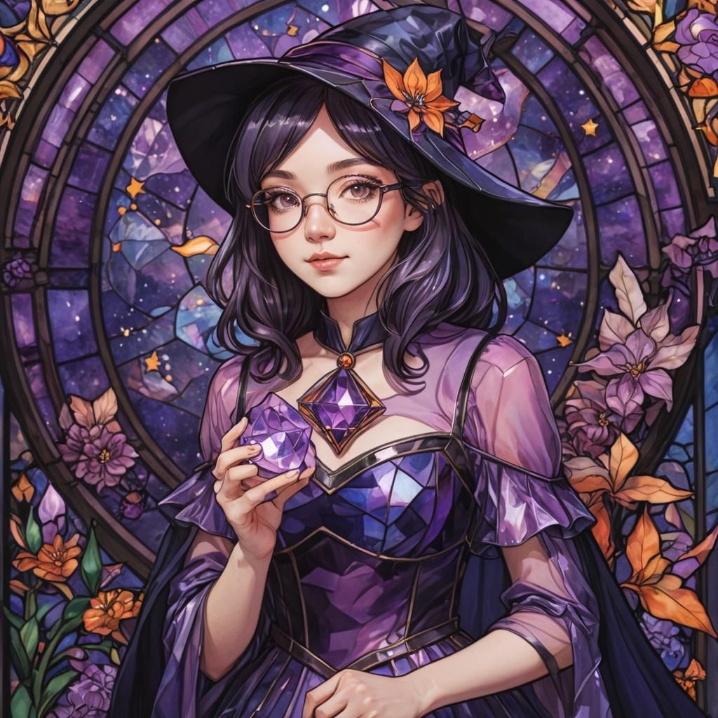 Stained Glass Witch with Amethyst Crystal