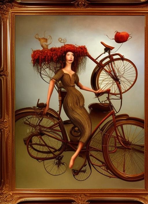 Bloody Mary Rides a Golden Bicycle: Surreal Oil Painting