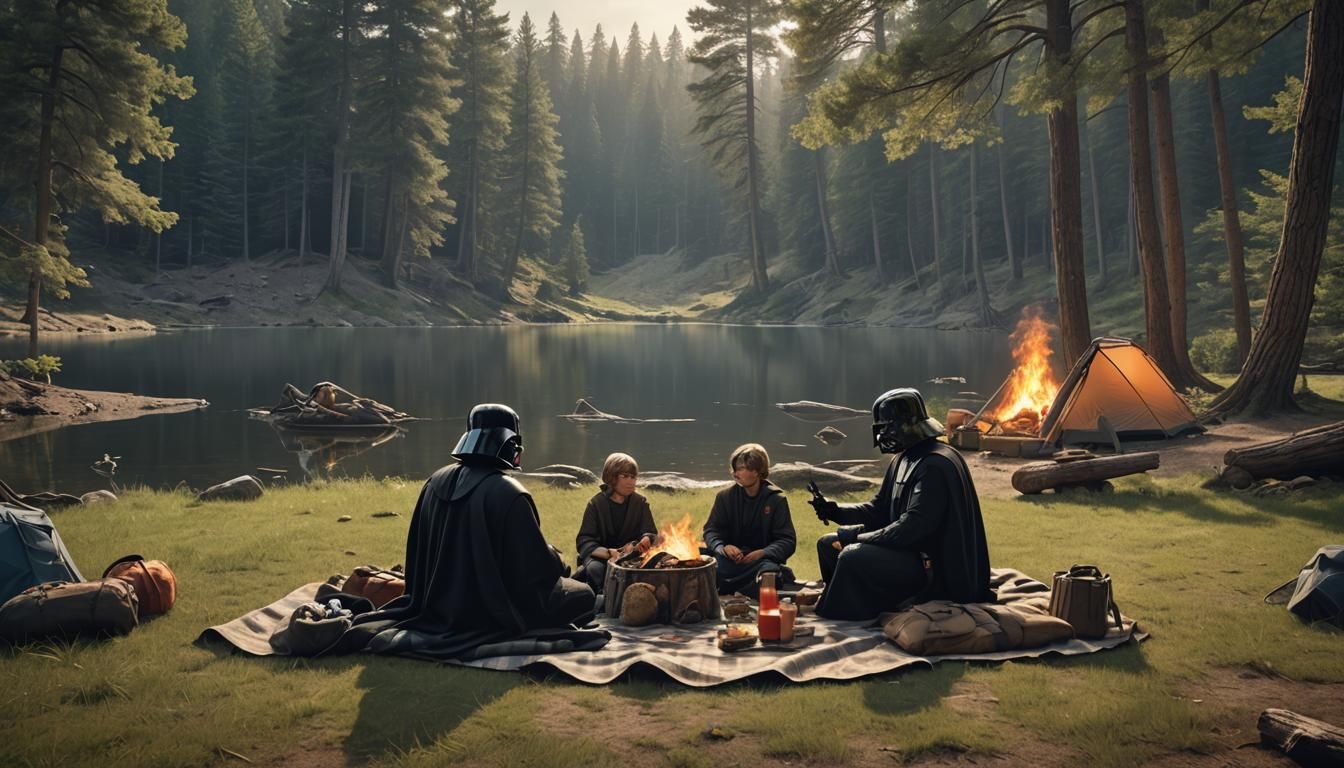 Darth Vader and Luke Skywalker Camping, Cinematic 3D Render