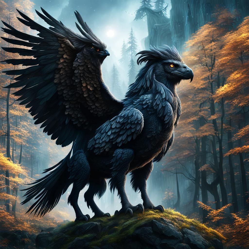 Black Hippogriff in Forest: Digital Matte Painting
