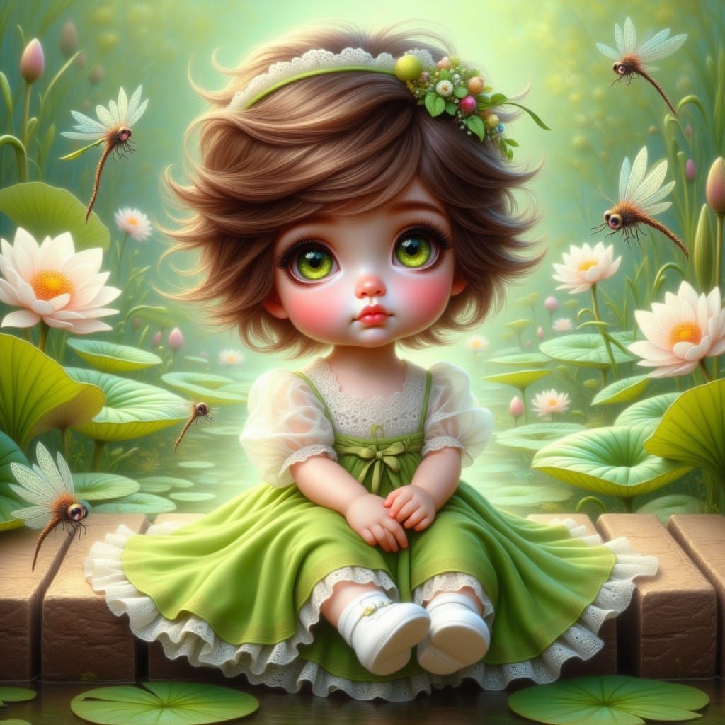 Disney Cartoon-Style Baby with Water Lilies on Pier