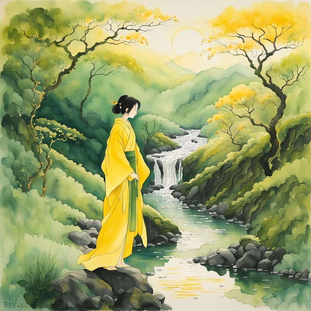 Japanese Girl at Ravine, Watercolor Style