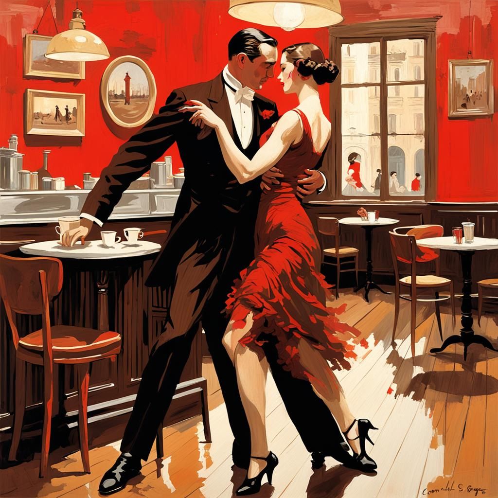 Vibrant Cafe Tango Scene in Impressive Matte Painting Style