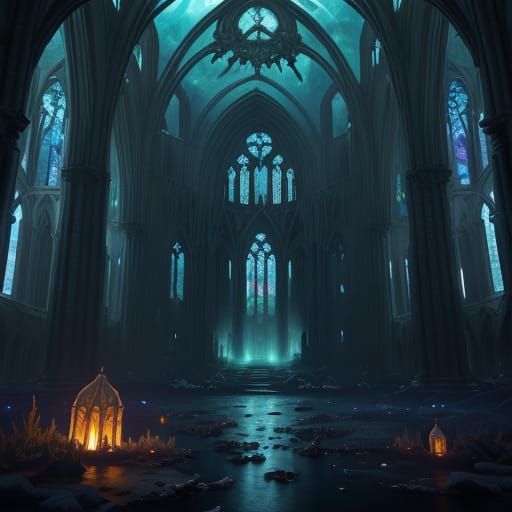 Bioluminescent Jellyfish in Sunken Cathedral: Concept Art