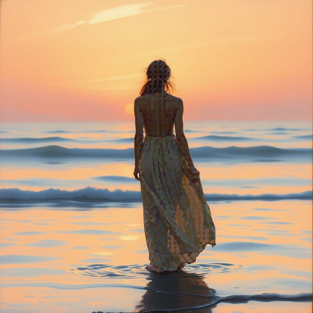 Woman Standing on Serene Ocean Waters at Sunset