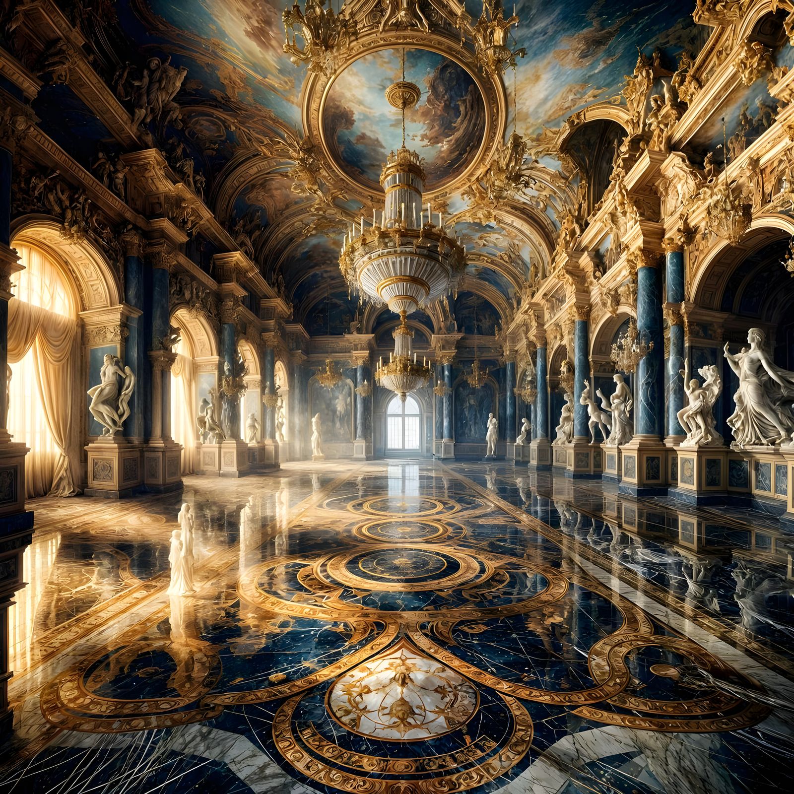 Baroque Ballroom in Golden and Sapphire Hues