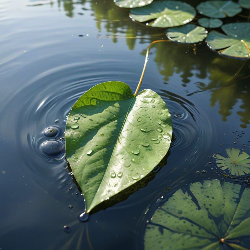 Green Leaf on Pond in Watercolor Impressionism