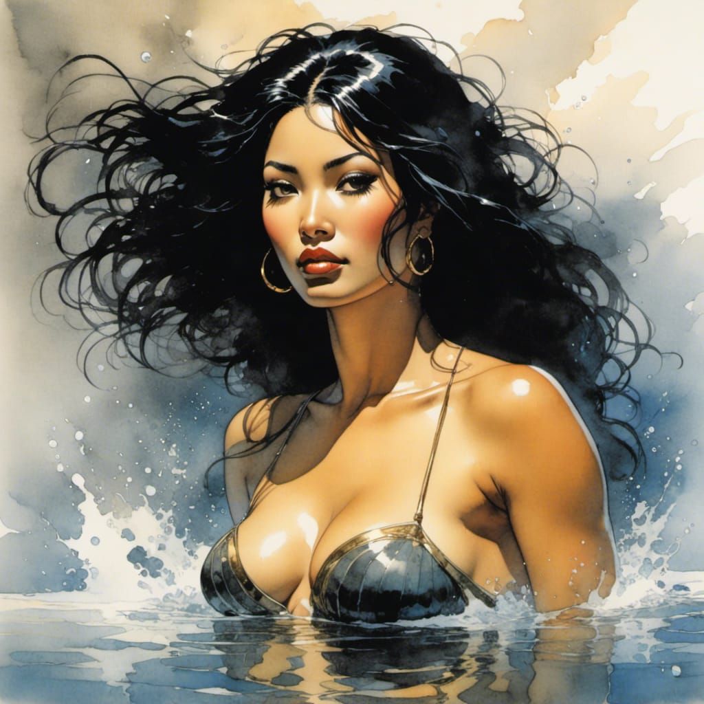 Stunning Woman Bathing in a Pool, Watercolor Comic Style