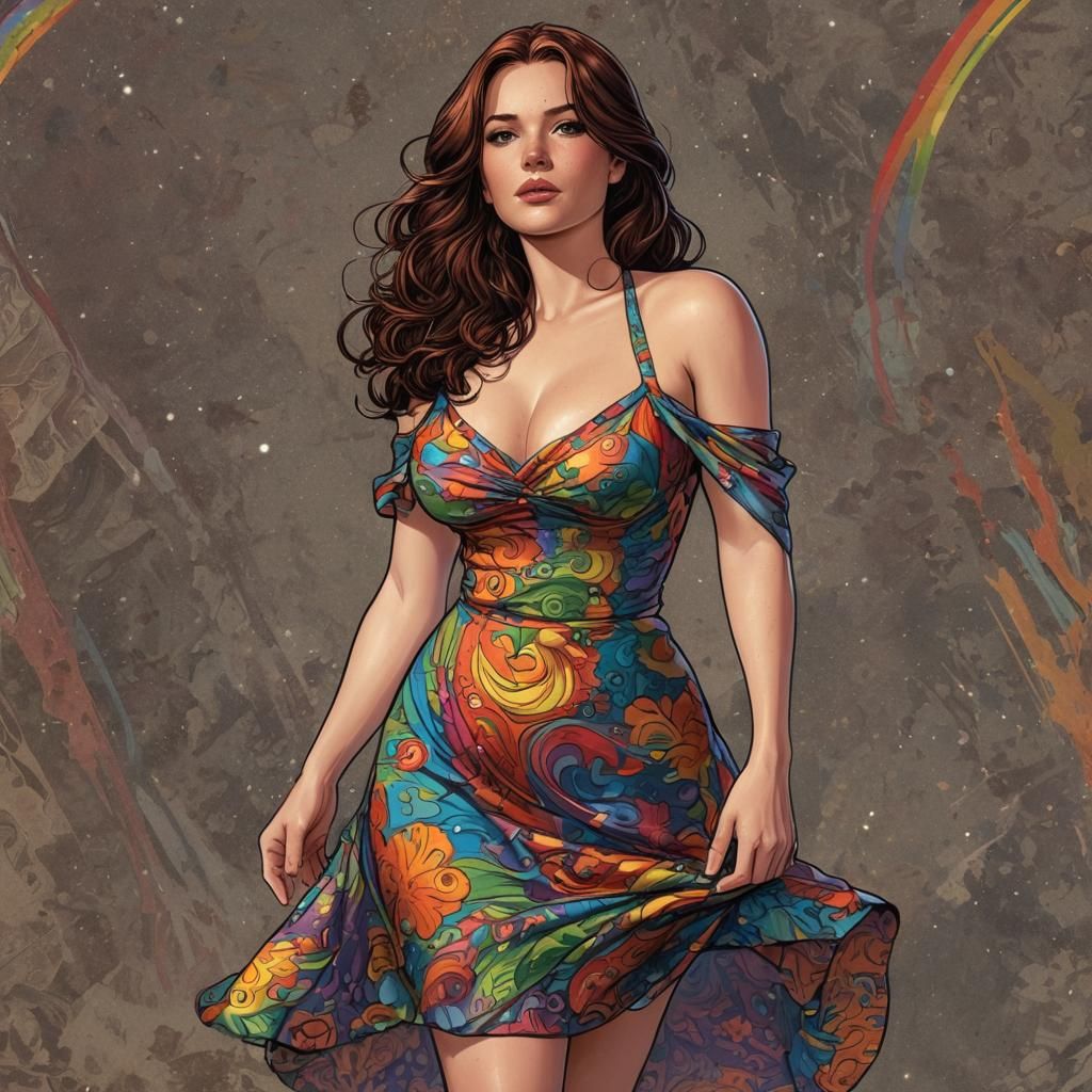 Curvy Brunette in Rainbow Dress: Comic Book Art