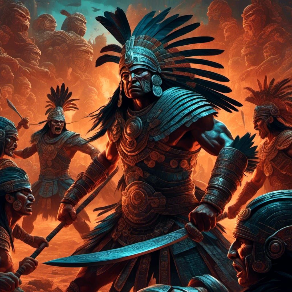 Cyberpunk Aztec Warrior in Dystopian Tenochtitlan