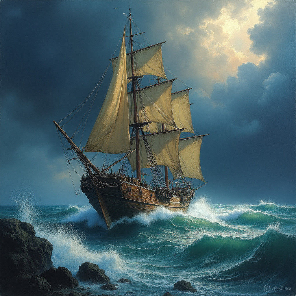 Sailing Ship Amidst Stormy Seas: Romantic Era Painting