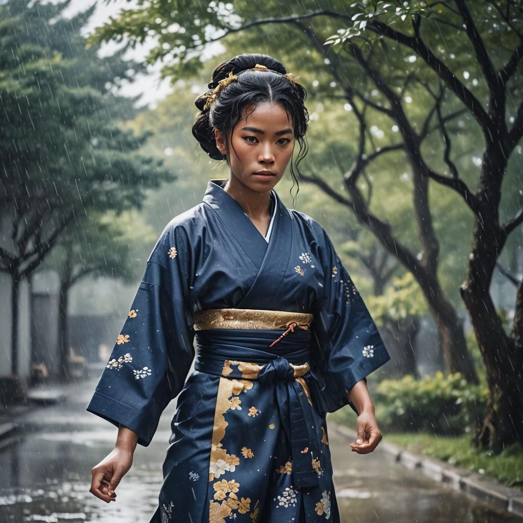 Black Female Samurai in Rainy, Divine Setting