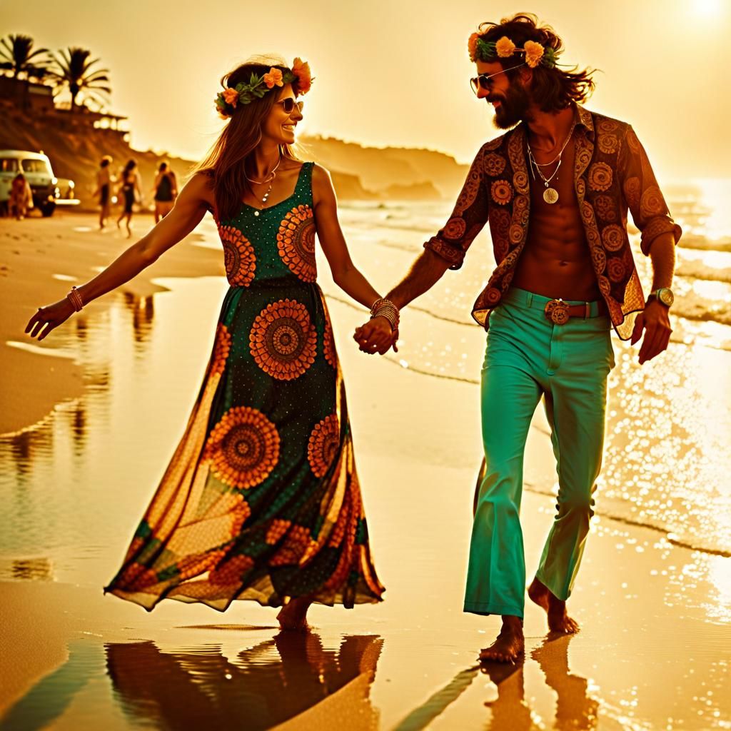 Hippie Couple Dancing on Beach, Sepia Photography