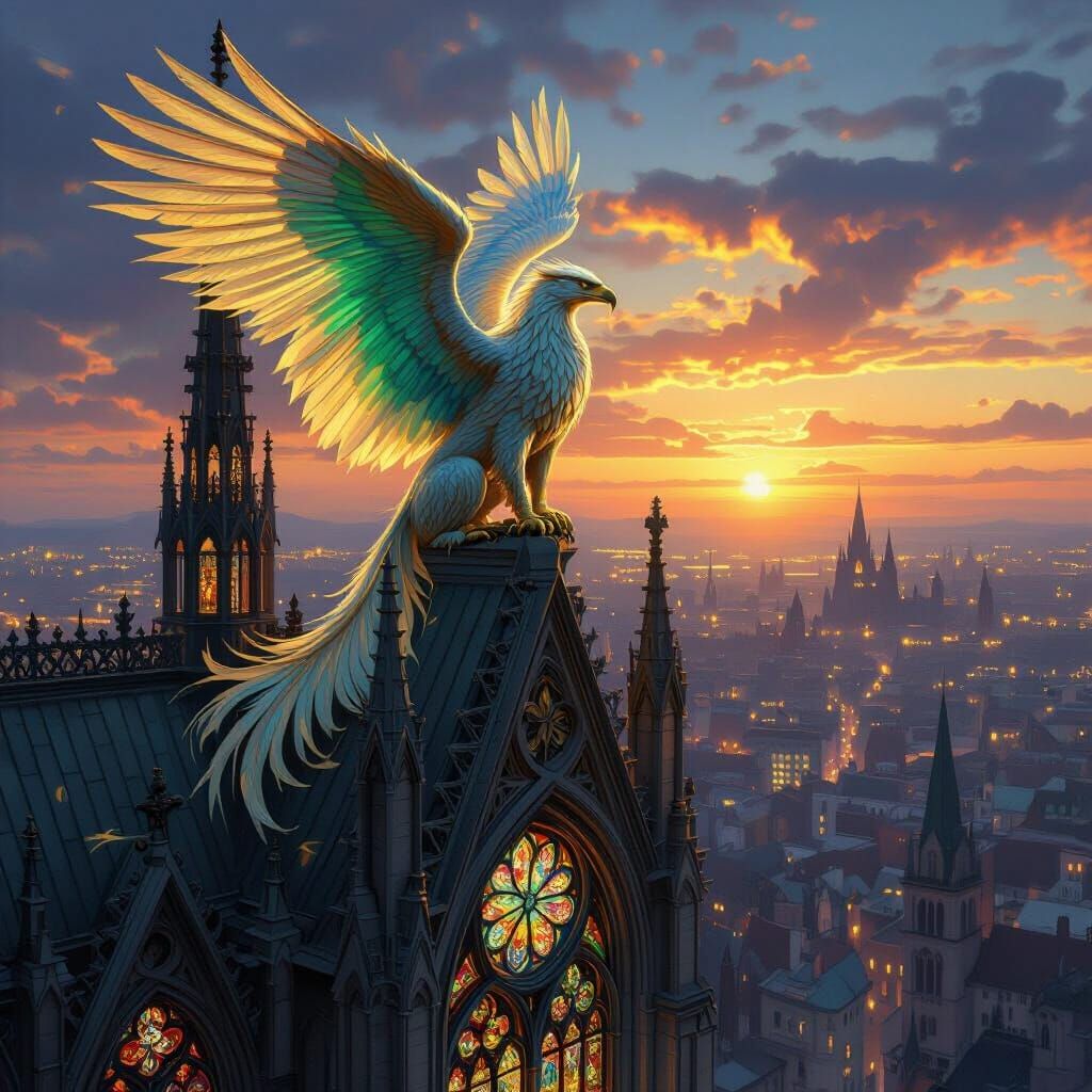 Griffin Overlooking Cityscape in Gustave Doré Style