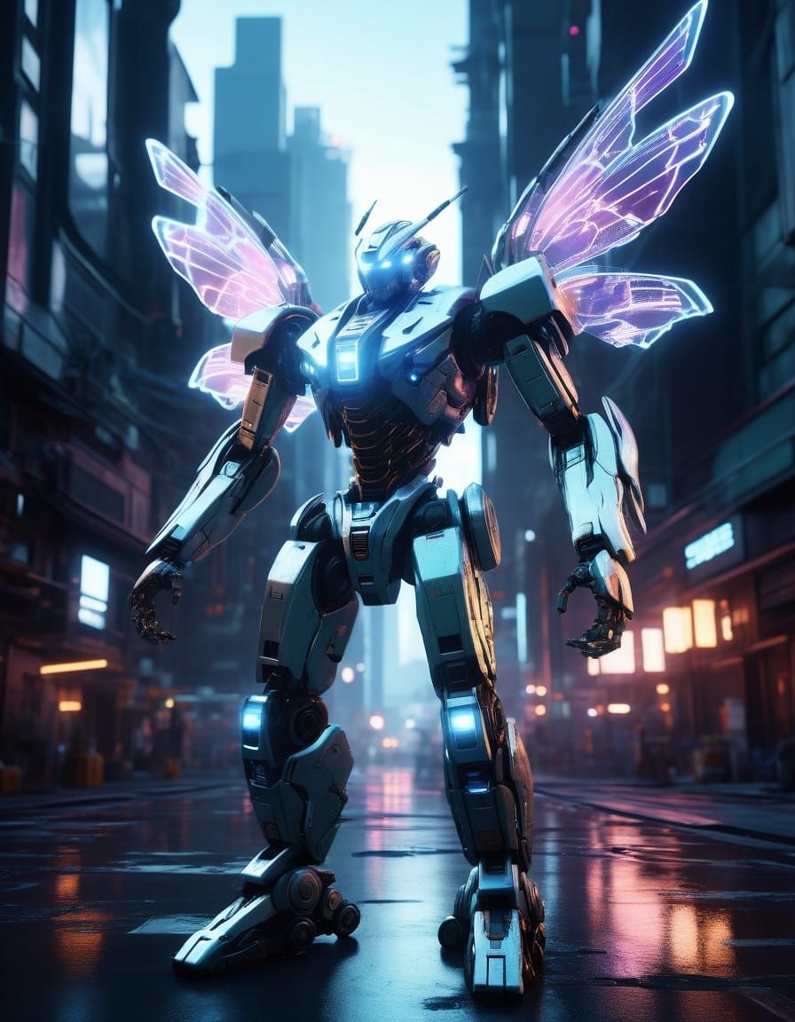 Robotic Fairy with Cyberpunk City Background