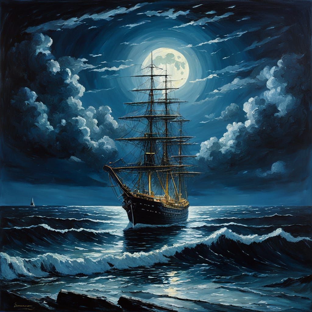Moonlit Ocean Scene in a Cold Blue Oil Painting