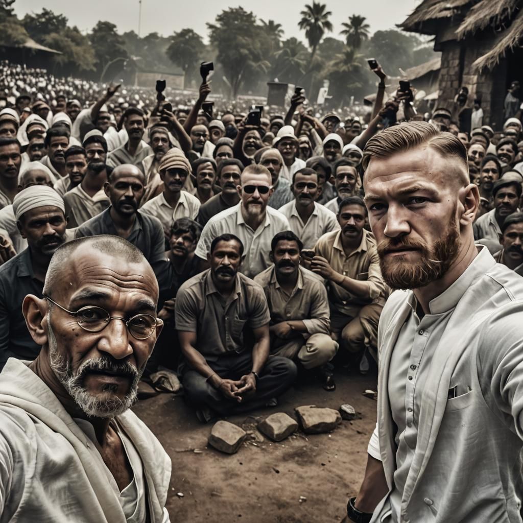 Gandhi Selfie with Conor McGregor in Hyperrealistic Style