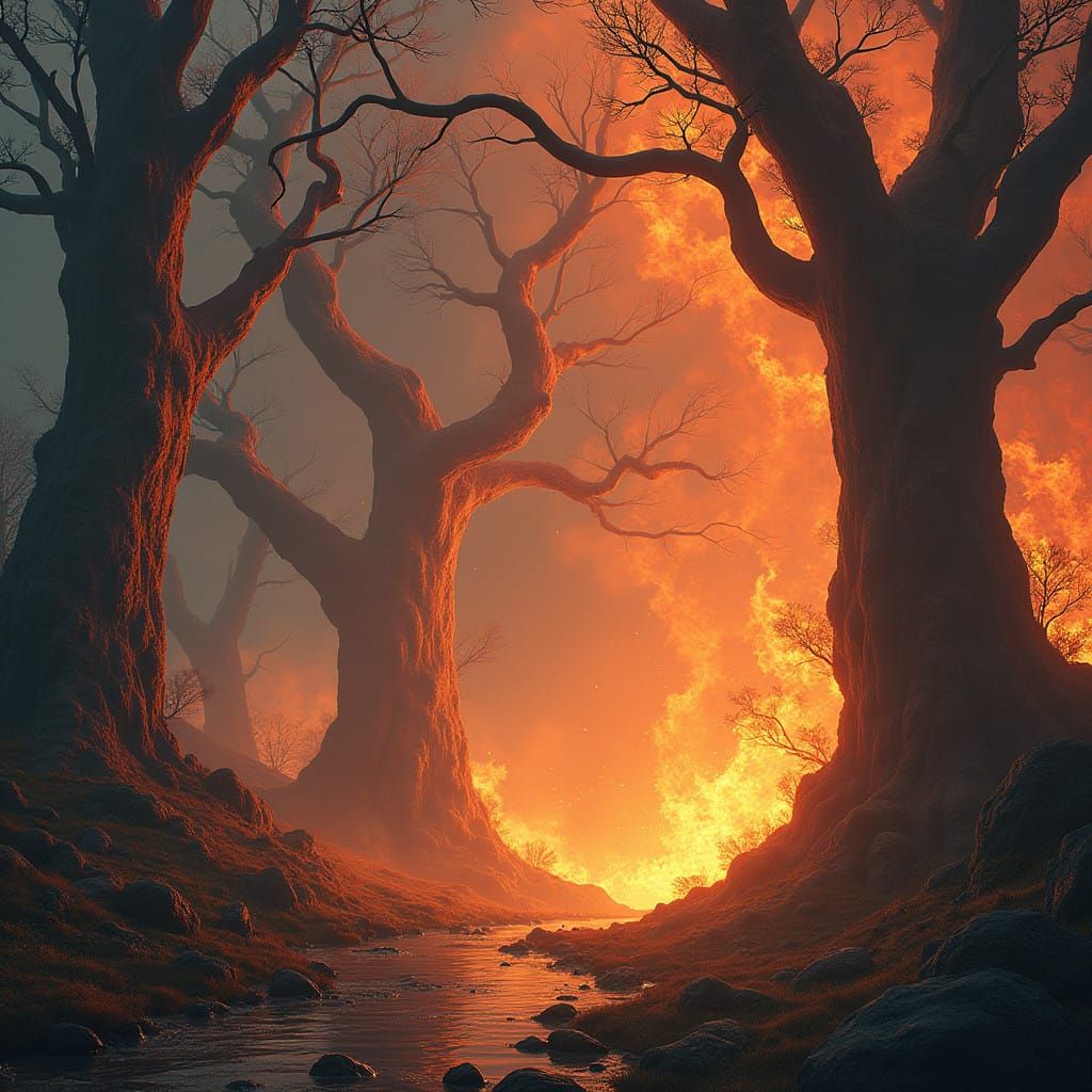 Gnarled Tree Trunks Ablaze in Vibrant Mystical Backdrop