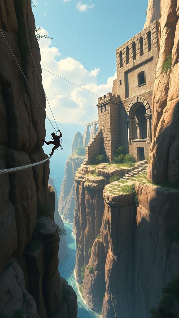 Adventurer Swinging Across Canyon to Crumbling Structure