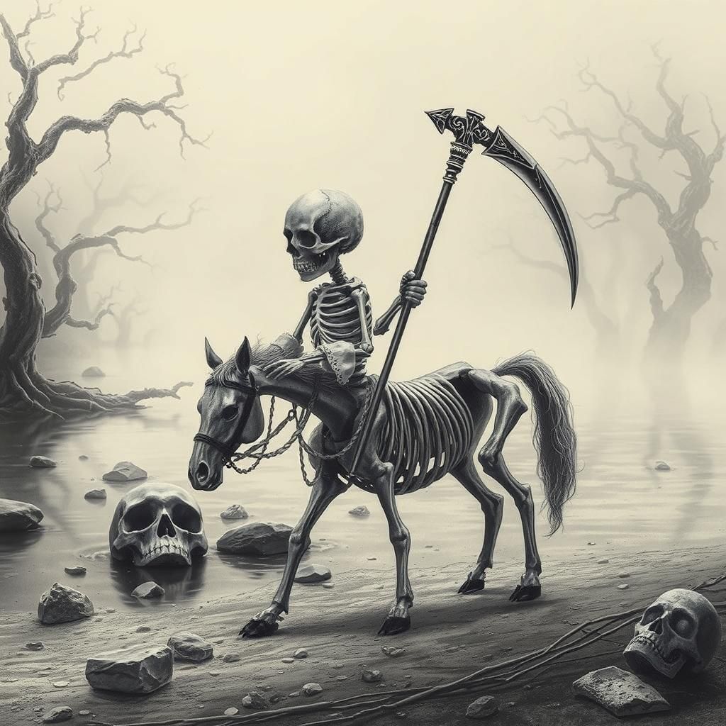 Tiny Death Figure Leads Skeletal Pony