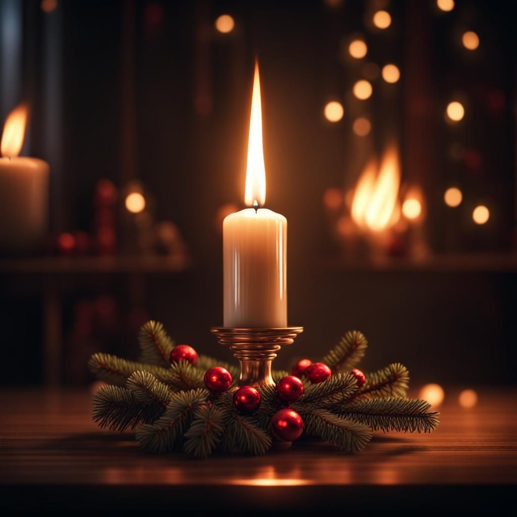 The flame of a Christmas candle gently illuminates the darkness of a room 8k resolution concept art  hyperdetailed intri...