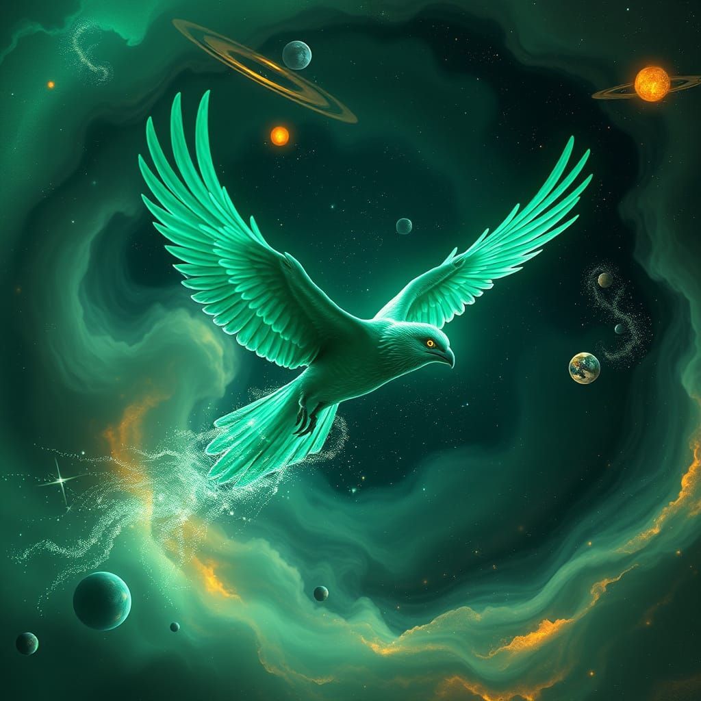 Emerald Bird Soaring Through a Swirling Galaxy