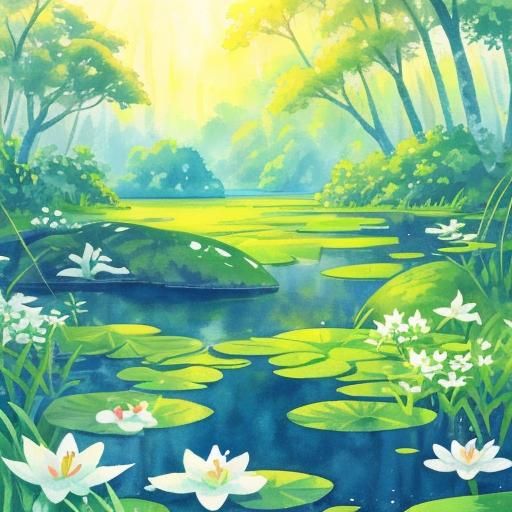 Sunset Over Pristine Swamp Lake: Watercolor Lily