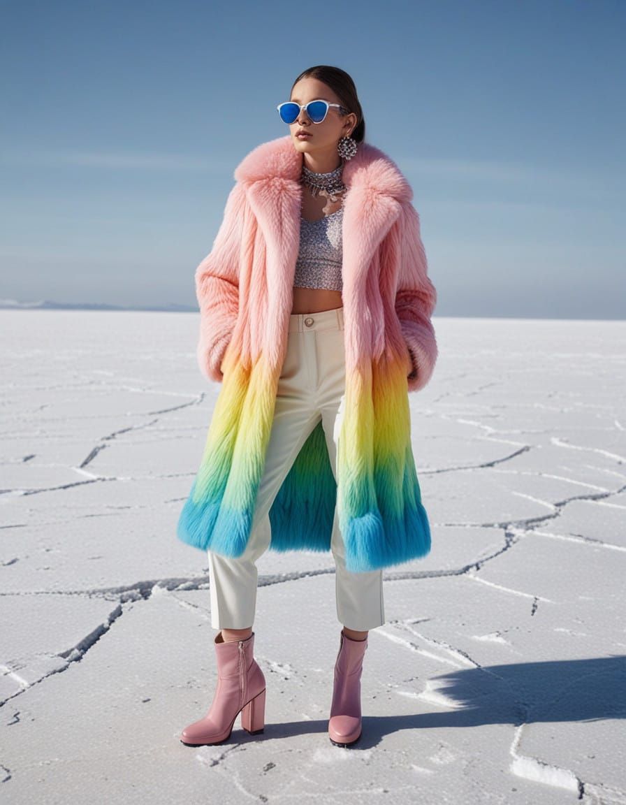 Runway Goddess in Pastel Rainbow Coat