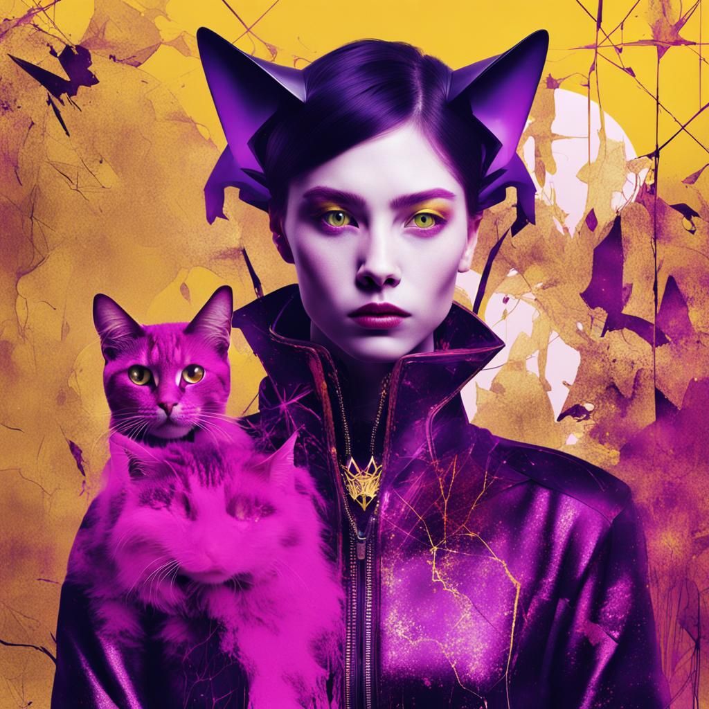 Surreal Cyberpunk Cat Portrait in Kintsugi Style