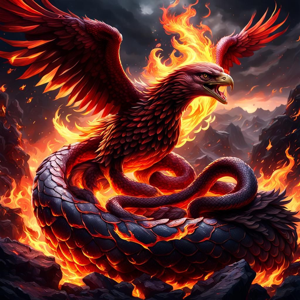 Dark Red Snake Engulfed in Flames, Pursued by a Phoenix Eagl...