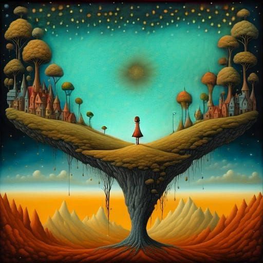 Gravity-Defying Building in Surreal Cosmic Landscape