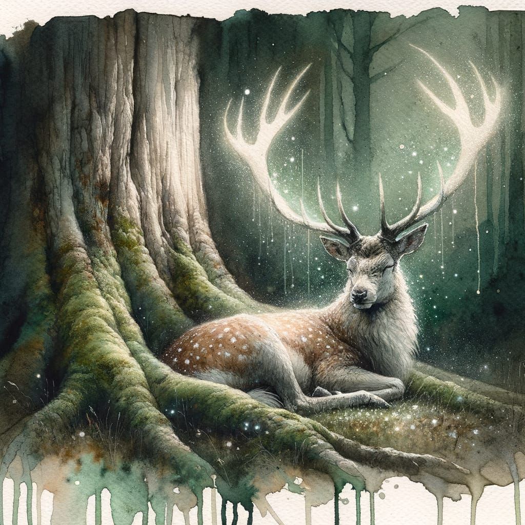 Magical Stag Resting Under Ancient Yew Tree