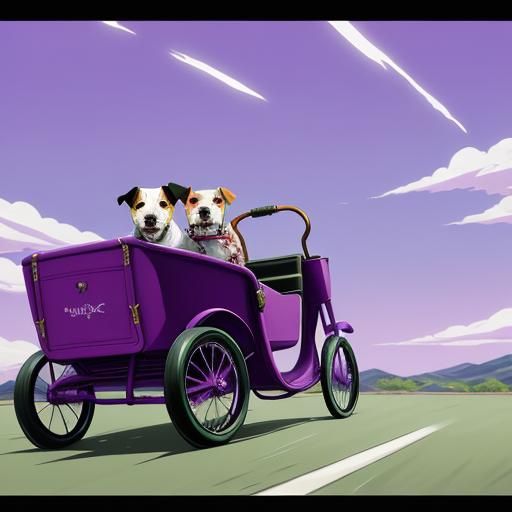A jack russell terrier riding a purple fantastic tricycle