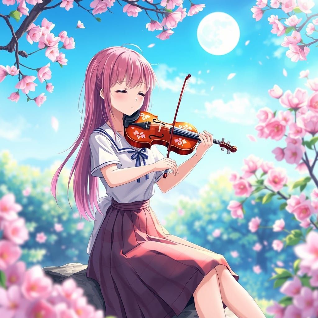 Anime Girl Enchants with Ethereal Violin Performance in a Ch...